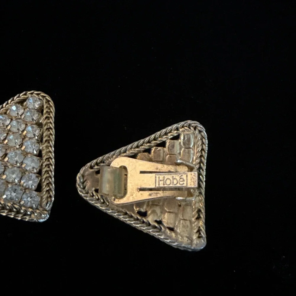 Vintage Signed Hobe' AB Signed Triangle Clip On Earrings 1950's Gold Tone